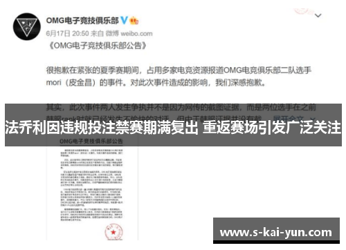 法乔利因违规投注禁赛期满复出 重返赛场引发广泛关注 法乔利因违规投注禁赛期满复出 重返赛场引发广泛关注