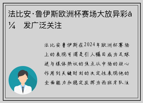 法比安·鲁伊斯欧洲杯赛场大放异彩引发广泛关注